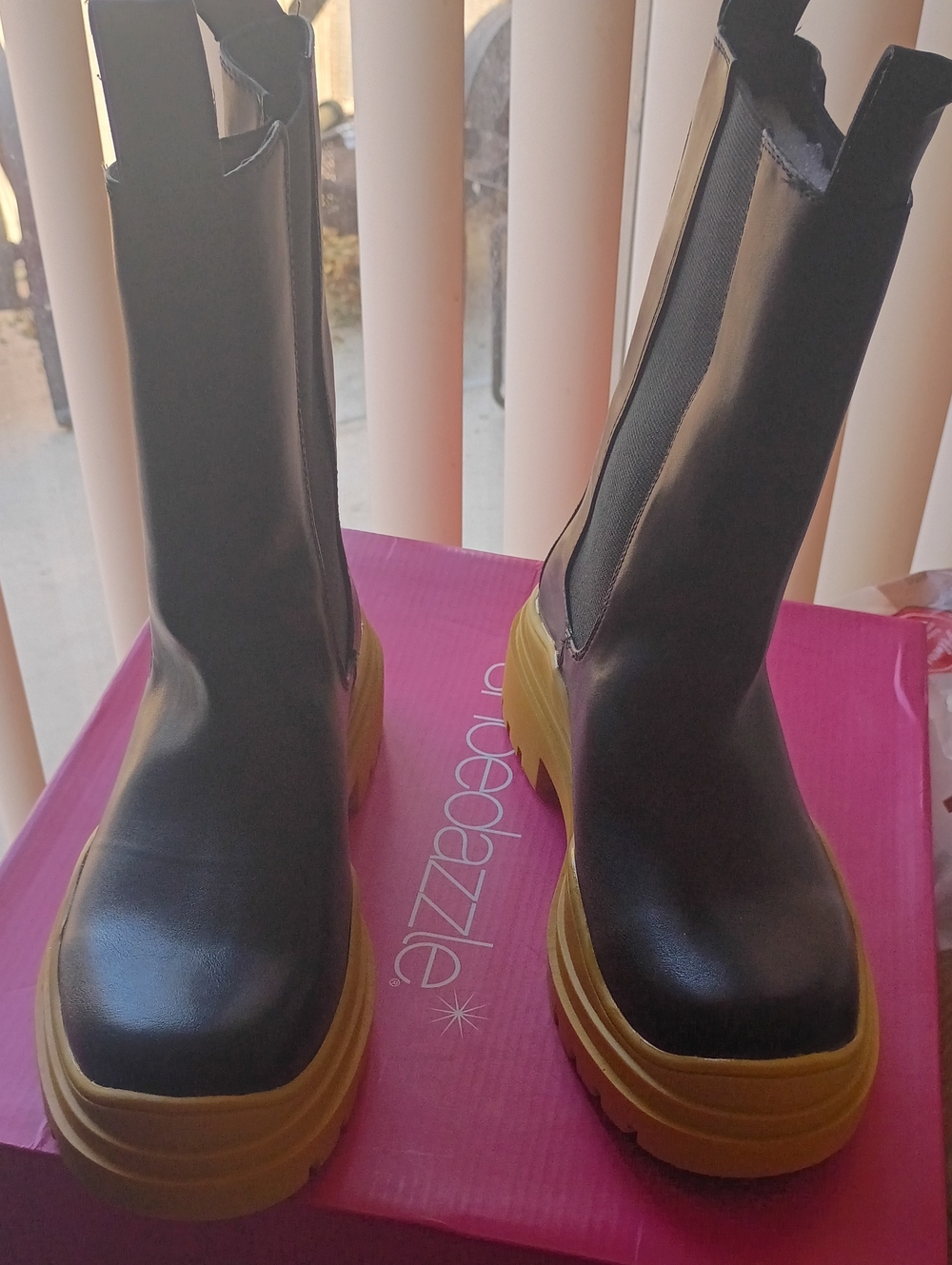 Women's Black Chelsea Combat Boots with Yellow Lug Sole